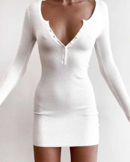 V Neck Long Sleeves Knitted Pencil Women Sweater Dresses
