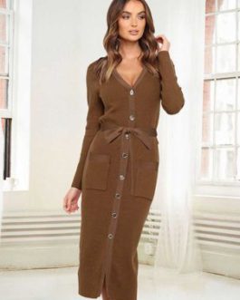 Buttons V Neck Long Sleeves Stretch Knitted Dress For Women