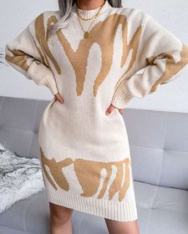 Geometric Long Sleeves High Collar Knitted Dress For Women