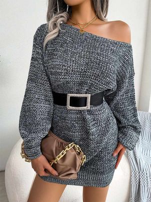 Long Sleeves One-Shoulder Knitted Dress For Women - Power Day Sale