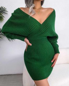 Acrylic Long Sleeves V-Neck Winter Women's Knitted Dress