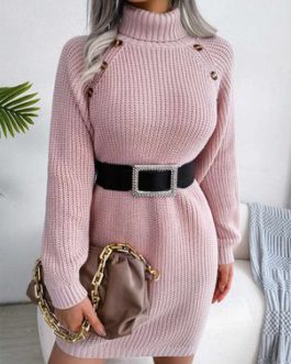 Elegant Buttons Long Sleeves High Collar Winter Knitted Dresses