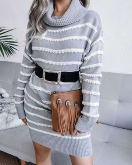 Stripes Acrylic Long Sleeves High Collar Women’s Knitted Dress