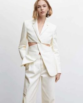 Blazer Jacket White Cut Out Lapel Long Sleeves Outerwear