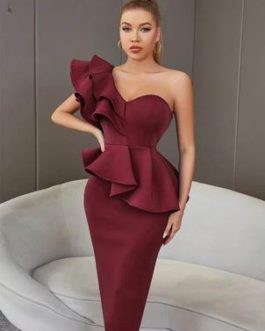 Ruffles One Shoulder Butterfly Sleeve Dress Outfits
