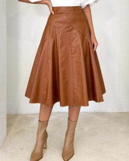 PU Leather Skirts Raised Waist Casual Mid-calf Length Bottoms