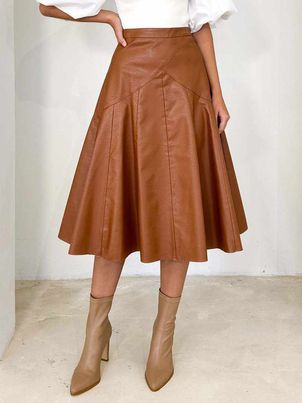 PU Leather Skirts Raised Waist Casual Mid-calf Length Bottoms