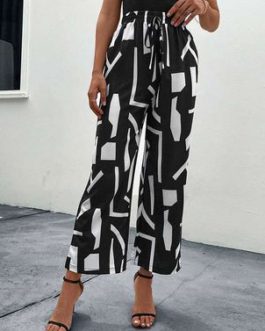 Pants Black Natural Waist Two-Tone Printed Trousers