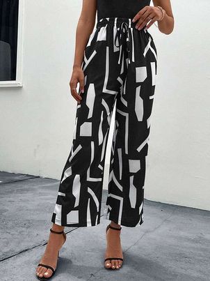 Pants Black Natural Waist Two-Tone Printed Trousers