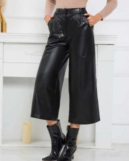 Pants Black Pleated PU Leather Raised Waist Trousers