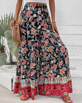 Pants Black Oversized High Rise Waist Floral Print Trousers