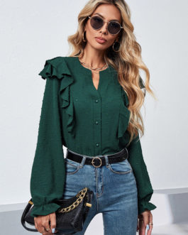 Dark Green Polyester Jewel Neck Casual Ruffles Long Sleeves Blouses
