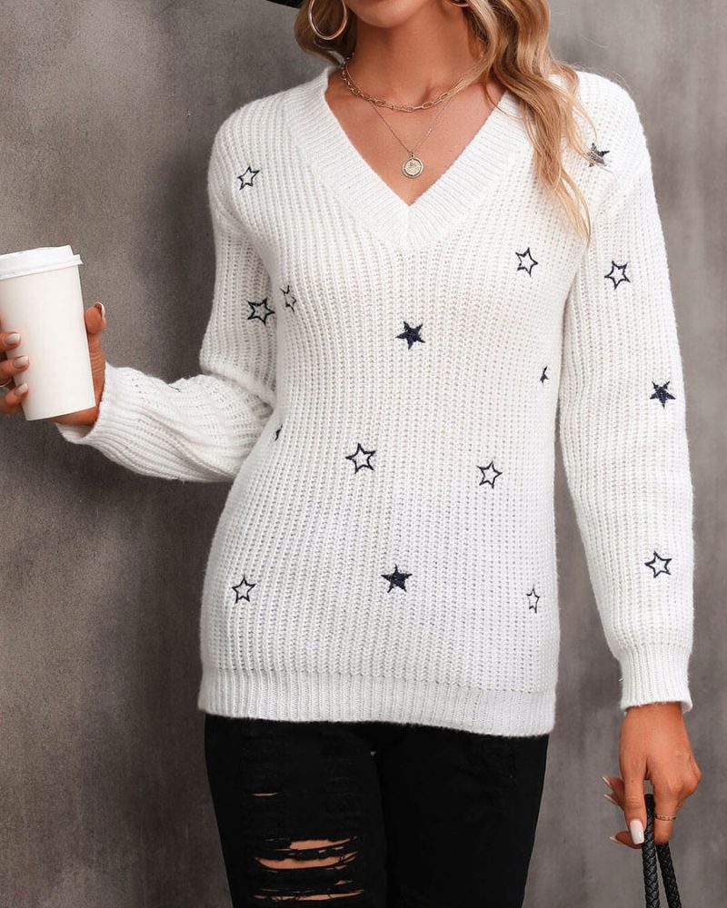 White V-Neck Long Sleeves Acrylic Sweaters