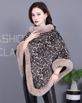 Leopard Print Faux Rex Rabbit Knitted Winter Warmth Poncho