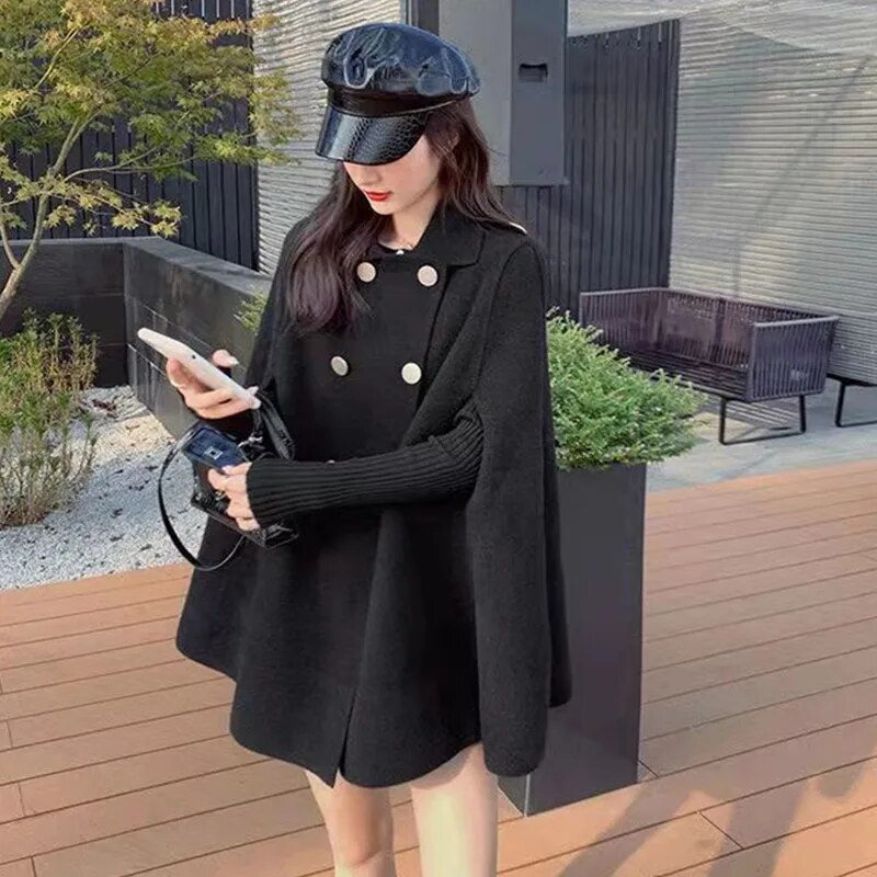 Overcoats Englad Graceul Double Button Solid Color Cloak Loose