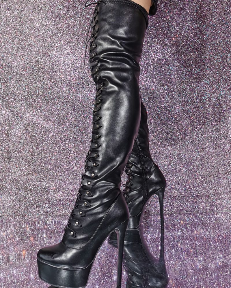 Round Toe Stiletto Heel PU Leather Thigh Boots