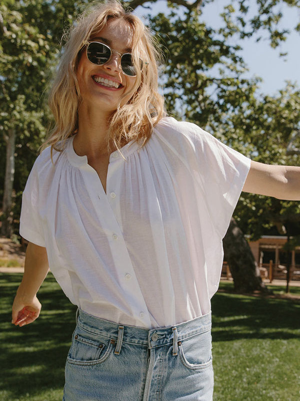 Short Sleeves Pink Pleated Buttons Jewel Neck Cotton Tee Shirt