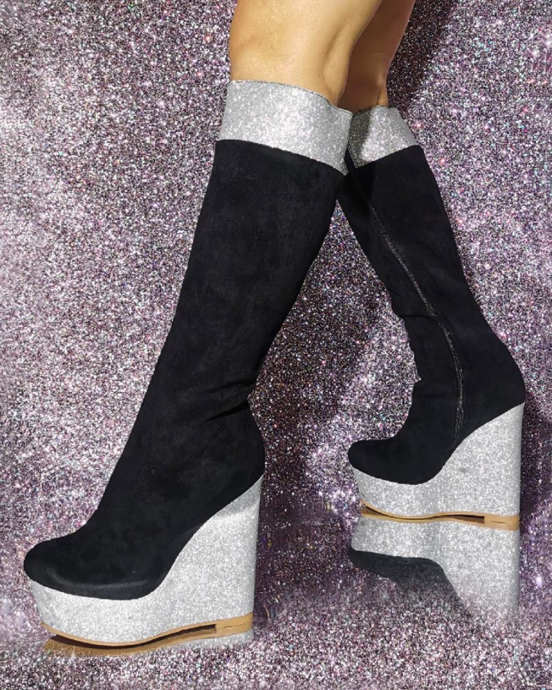Micro Suede Upper Wedge Heel Knee-High Boots