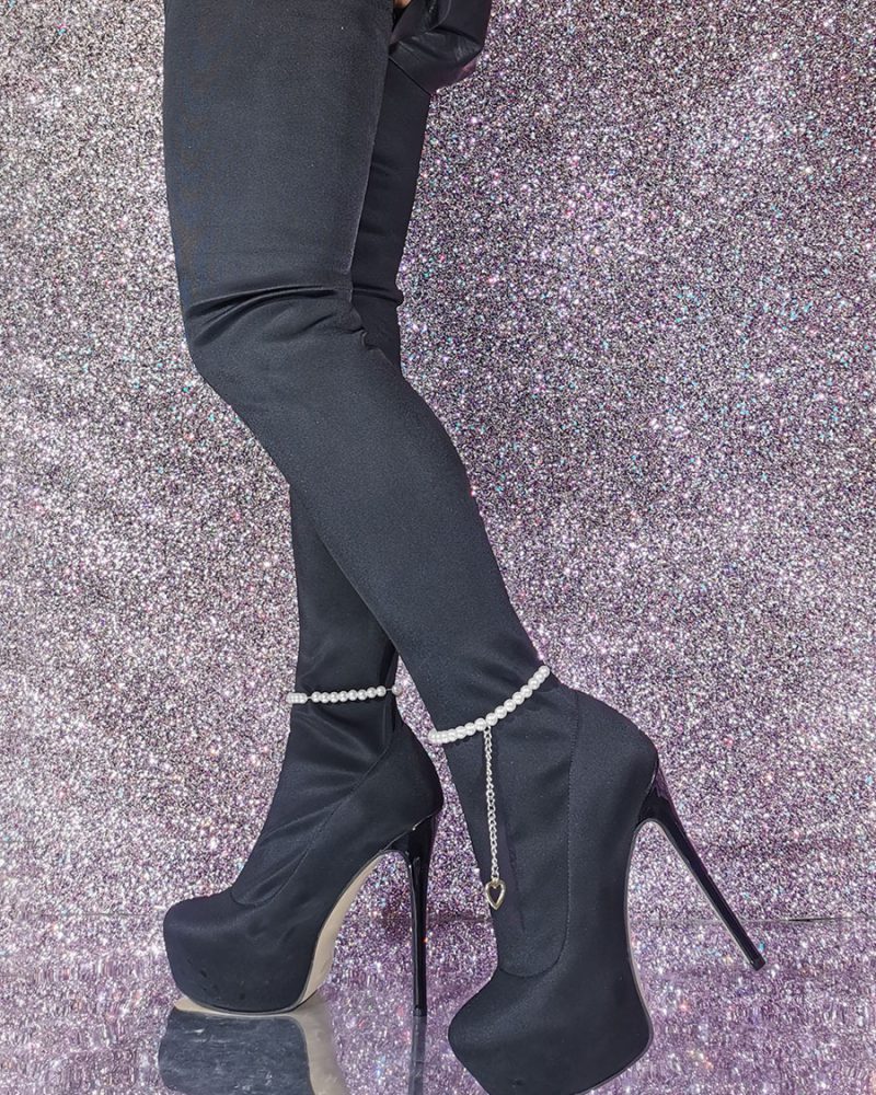 Over The Knee Round Toe Stiletto Heel Elastic Fabric Boots
