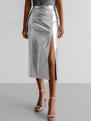 Skirts Silver Raised Waist Casual High-slit Women's Bottoms
