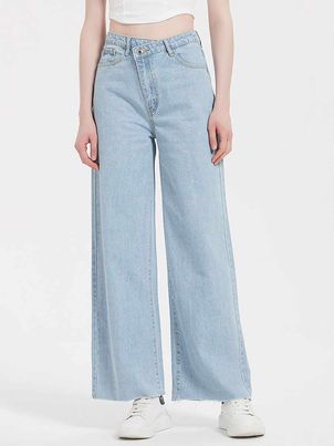 Celeb Shijia Vintage Blue Streetwear Jeans for Women Asymmetry High Waisted Chic Straight Pants Denim Korean