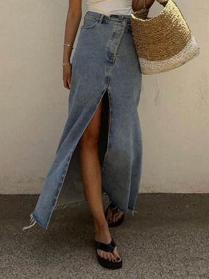 Deep Blue Buttons Denim Long Raised Waist High-slit Women Skirt