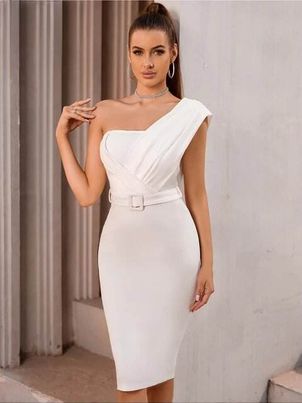 White one shoulder 2025 knee length dress