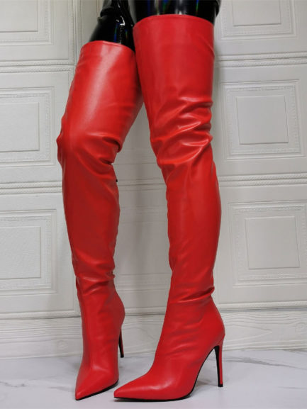 Over The Knee Plus Size Stiletto Heel PU Leather Red Thigh High Boots ...