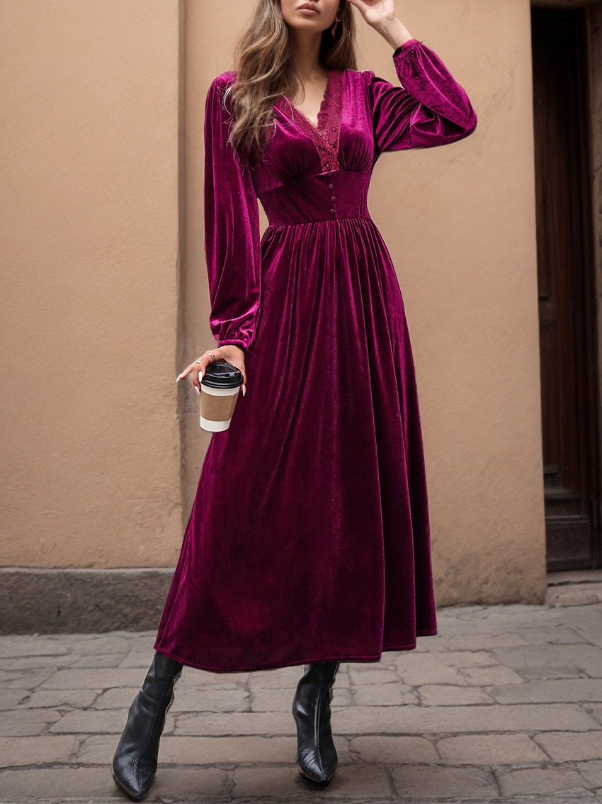 Velvet Dress Burgundy Lace V-Neck Long Sleeves Spring Elegant Long Maxi Dresses