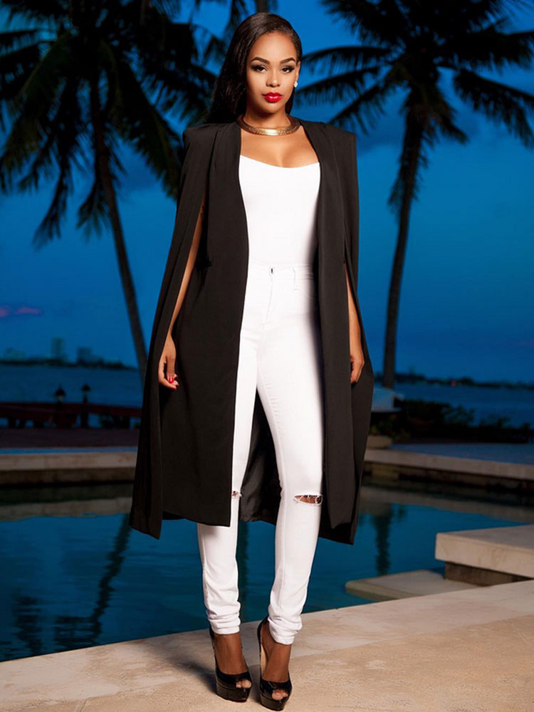 Women White Poncho Long Sleeve Irregular Cape Blazer