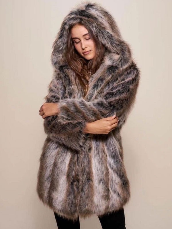 Women's Faux Fur Coat Hooded Winter Midi Outerwear 2023
