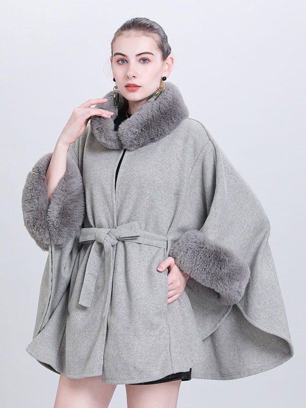 Women Poncho High Collar Light Gray Oversized Faux Fur Cape