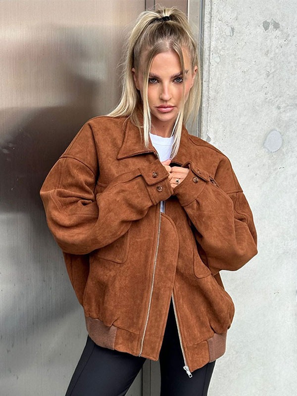 Suede Jacket Turndown Collar Zipper Casual Outerwear For Women