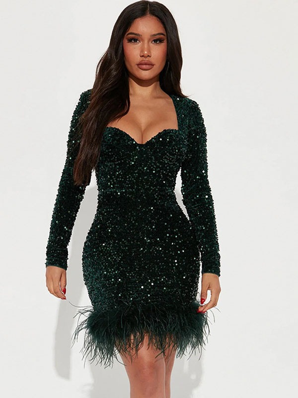 Party Dresses Sweetheart Neck Sequins Feathers Bodycon Dress