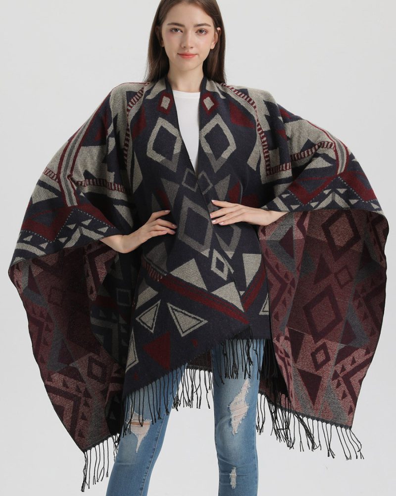 Women Cape Geometric With Fringe Oversized Fall Winter Poncho