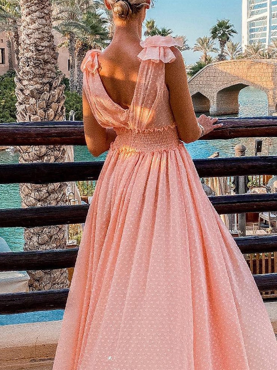 Party Dresses Pink V-Neck Pleated Sleeveless Backless Semi Formal Dress