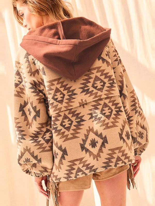 Aztec Printed Sweatshirt Hooded Half Zip Kangaroo Pocket Women Pullover