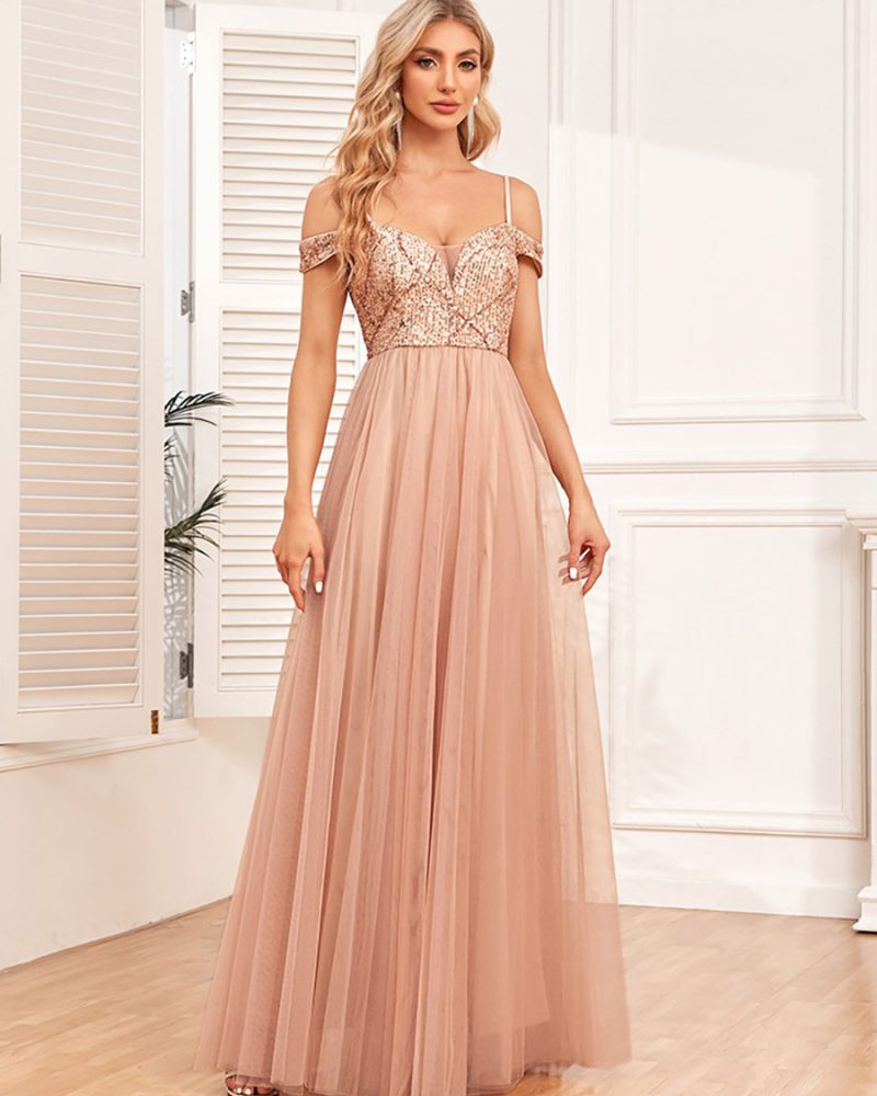 A-Line Dress Spaghetti Strap Backless Sequined Prom Dresses
