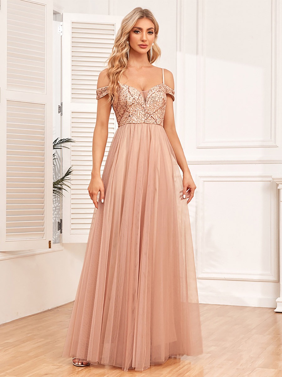 A-Line Dress Spaghetti Strap Backless Sequined Prom Dresses