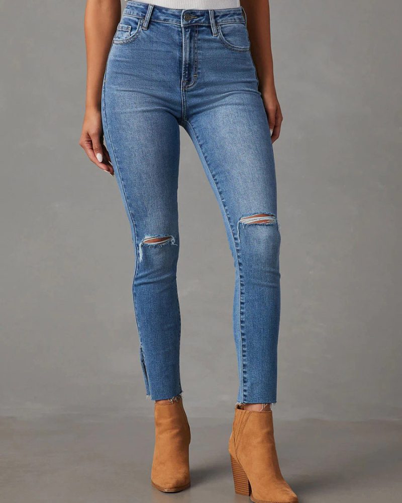 Skinny Jeans High Waisted Zipper Low-slit Straight Cowboy Women's Trousers