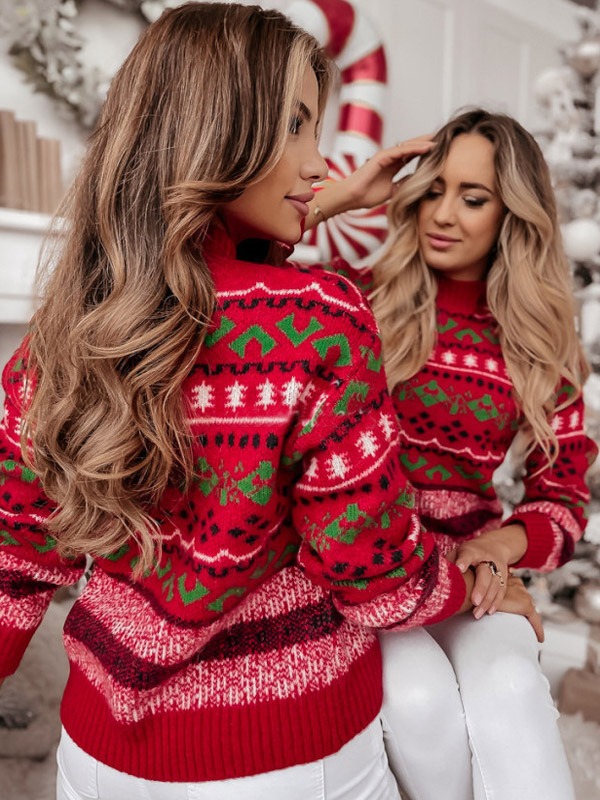 Women's Sweater Mock Neck Long Sleeves Christmas Pullover In Red
