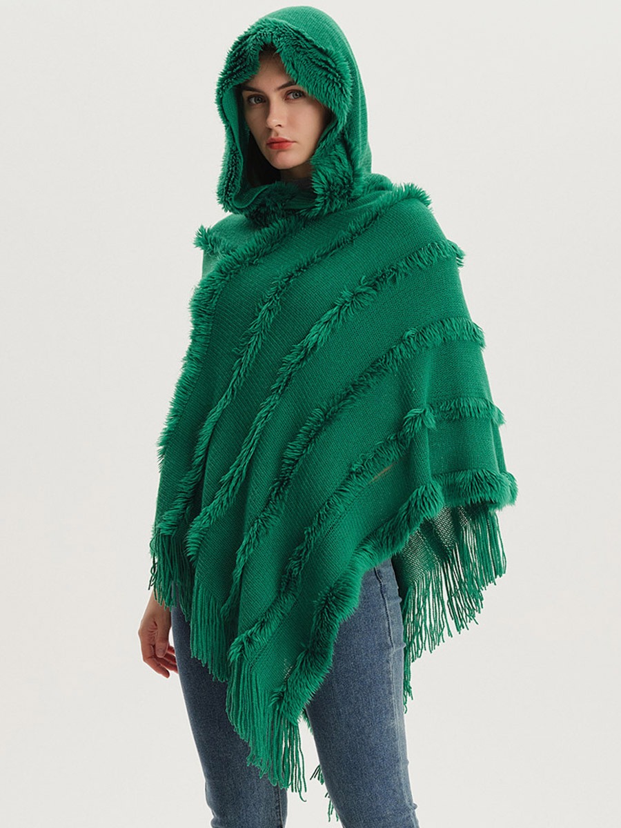 Women Poncho Hooded Green Oversized Fringe Cape