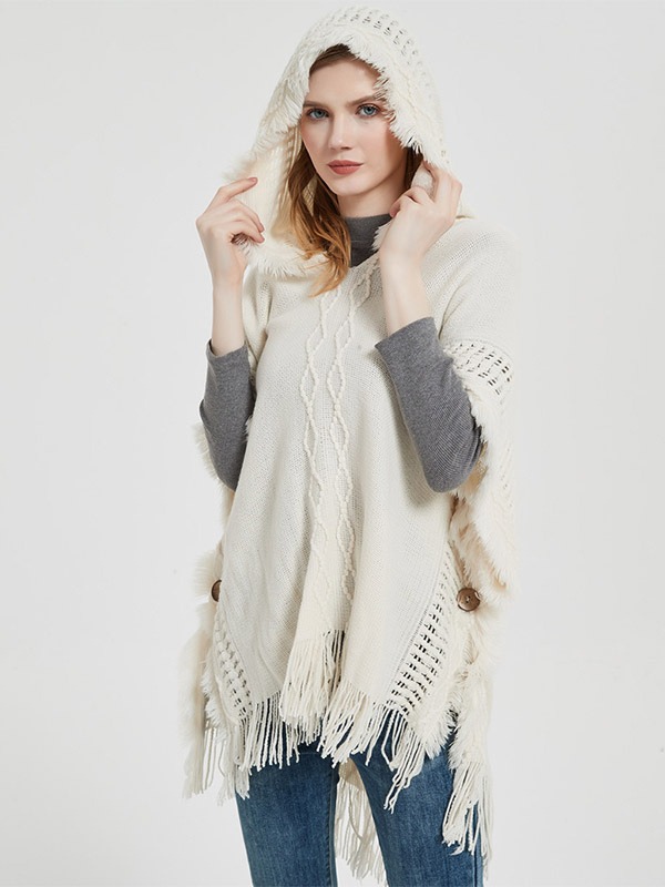Women's Poncho Hooded Hallow Fringe Trim Oversized Knit Cape