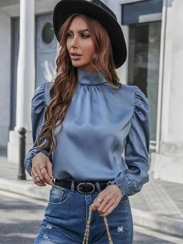 Solid Color Stain Blouse For Women Mock Neck Pleated Spring Fall Top