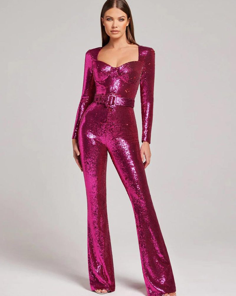 Blue Sweetheart Neck Long Sleeves Sash Sequined Straight Summer Playsuit