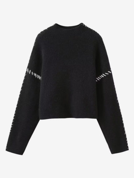 Pullovers For Women Black Two-Tone High Collar Long Sleeves Acrylic Sweaters