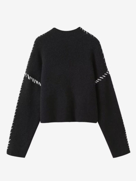 Pullovers For Women Black Two-Tone High Collar Long Sleeves Acrylic Sweaters