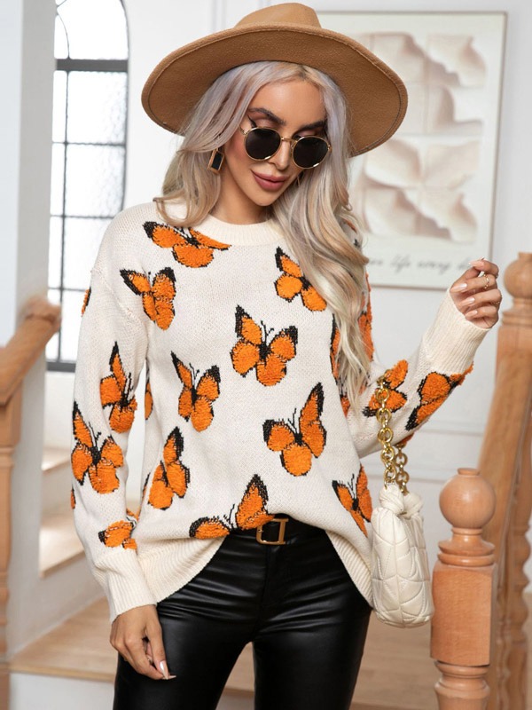Pullovers For Women Apricot Crochet Animal Print Jewel Neck Long Sleeves Acrylic Sweaters