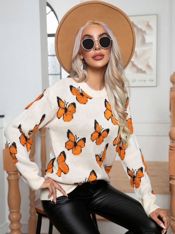 Pullovers For Women Apricot Crochet Animal Print Jewel Neck Long Sleeves Acrylic Sweaters