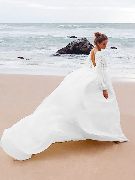White Maxi Dress Chiffon Backless Long Sleeve Beach Wedding Dress